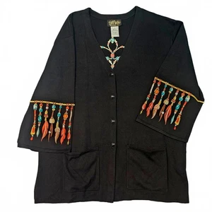 Bob Mackie 3X Plus Duster Tribal Embroidered Dreamcatcher Feather Cardigan Black - Picture 1 of 11