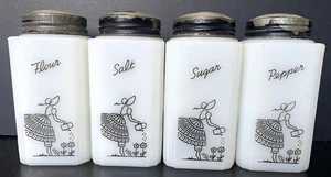 Set Of 4 Vintage Art Deco McKee Tipp City Milk Glass Shakers Watering Can Girl - Picture 1 of 8
