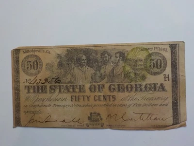Civil War Confederate 1863 50 Cents Note Milledgeville Georgia Paper Money VTG - Image 1 of 2
