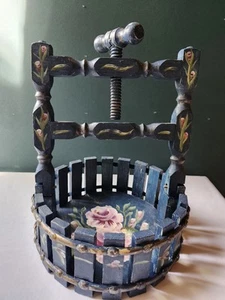 Vintage Wood Nut Cracker Screw Top Handpainted Pink Flower On Blue Rare Find - Picture 1 of 16