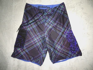 Gotcha Plaid Board Shorts 30 Purple Black Gothic Embroidered Skater Y2K Surf Skt - Picture 1 of 14