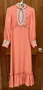 Vtg 70s Peach Chiffon Maxi Bridesmaid Prom Gown Dress Lace High Neck Size 6? - Picture 1 of 24
