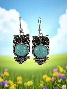 Skurrile Eule Ohrringe Türkis Körper Schwarz Kristall Augen Haken Ohrhänger - Bild 1 von 3