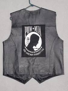 USA Leather Vest Mens Large Black POW MIA Motorcycle Military Veteran - Picture 1 of 10