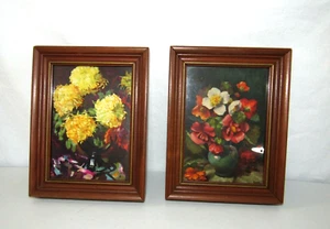 VINTAGE L. MANESSU TWO PIECE WOODEN FRAME FLOWERS IN VASE ART PRINTS - Picture 1 of 5