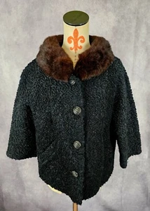 VTG 60s Styled By Winter Women L Black Wool Boucle 3/4 Slv Crop Jacket Brown Fur - Picture 1 of 11
