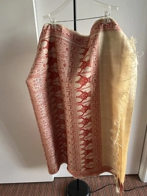 NWT Rare Bengali Tussar silk saree Beige & red Thread border handwoven - Image 1 of 4