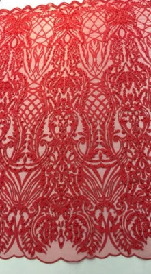 BEADED RED Fabric by the yard, 52" Wide Lace/ Mesh/ Scalloped - Image 1 of 2