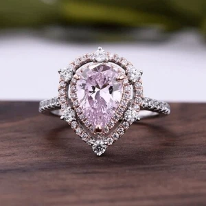 3.02 CT Purple Pear Cut Simulated Halo Anniversary Ring 14K White Gold Plated - Picture 1 of 8