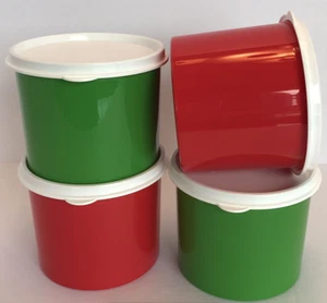 Tupperware Christmas Gift Canisters Set of 4 w/ Seals 2-cup Red Green New - Picture 1 of 7