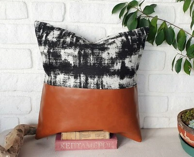 Horizontal cognac faux leather abstract black-white pattern pillow cover-1QTY - Image 1 of 4