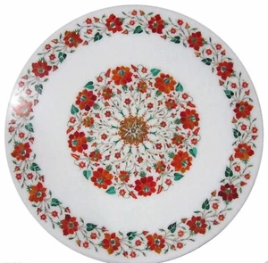 15" Round Marble Table Top with Carnelian Inlay Gemstone Handmade Work Home Deco - Picture 1 of 8