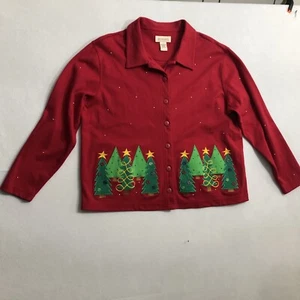 Bechamel Red Christmas Button Cardigan Size L Cotton Embellished Xmas Trees - Picture 1 of 15