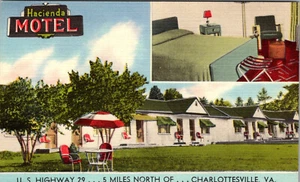 CHARLOTTESVILLE, VIRGINIA - HACIENDA ROADSIDE MOTEL - VINTAGE LINEN POSTCARD - Picture 1 of 2