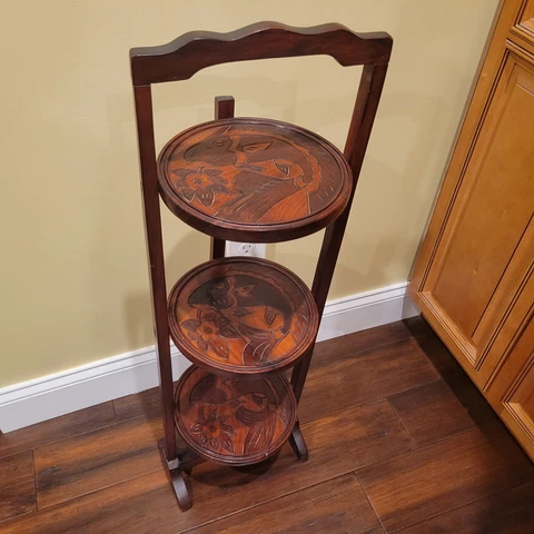 Vintage 3 Tier Solid Wood Carved Fish Design Folding Table Pie Stand/Plant Shelf Cover