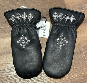 Reppucci NWT KOZE black leather embroidered mittens Sheep wool Italy size 8 - Picture 1 of 6