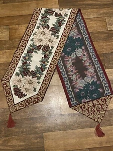 Vintage Tapestry Style Long Holly & Flower Christmas Table Runner With Tassels - Picture 1 of 18