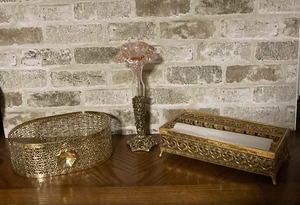 3 Stück Vintage Matson Bud Vase, Hollywood Regency goldfarben filigran Waschtisch Set MCM - Bild 1 von 19