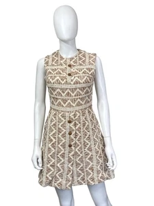 Abito vintage senza maniche con bottoni taglia small marrone e panna tessuto motivo chevron - Foto 1 di 5