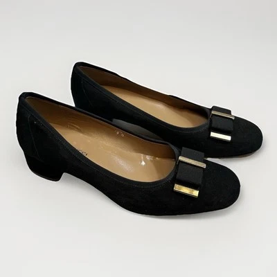 Sesto Meucci Shoes 9N Black Suede Bow Leather Italy Low Block Heel Gold Round - Image 1 of 4
