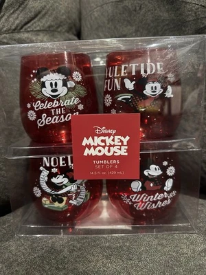 NUEVO Juego de 4 vasos de vino tinto sin tallo acrílico Navidad Mickey Mouse Disney Foto 1 de 4