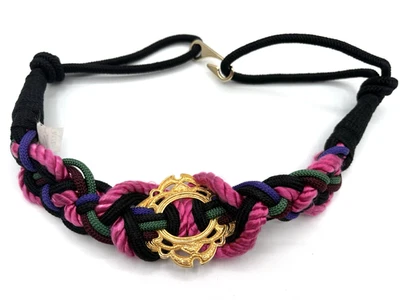 Womens Fashion Belt Small Black Cord Braided Stretch Gold Medallion & Hook Retro - Image 1 of 4