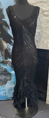 Impresionante Vestido Vintage SCALA Completo Seda Con Cuentas Volantes Parte Inferior Talla Mediana Foto 1 de 4