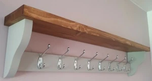 Wooden Coat Rack With Shelf 8 Chrome Double Hooks Dark Oak Wax,Pavilion Grey - Picture 1 of 9