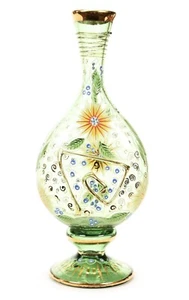 VASE ANTIQUE SPANISH ART GLASS GREEN HAND PAINTED SIGNED 12.5”H - Picture 1 of 9