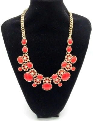 BR Banana Republic Red Necklace Bib Fashion New Rhinestones Gold Tone 20 inches - Image 1 of 4