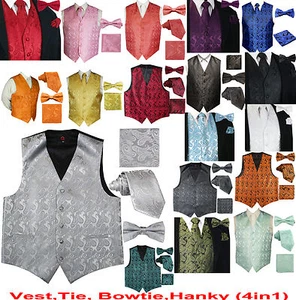 Men's Paisley Design Dress Vest and Neck Tie & Bow Tie & Hankie Set (4 in 1 Set) - Picture 1 of 23