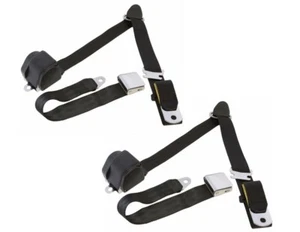 3 POINT CHROME RETRACTABLE BENCH SEAT BELTS BLACK MUSCLECAR HOTROD LH&RH PAIR - Picture 1 of 5