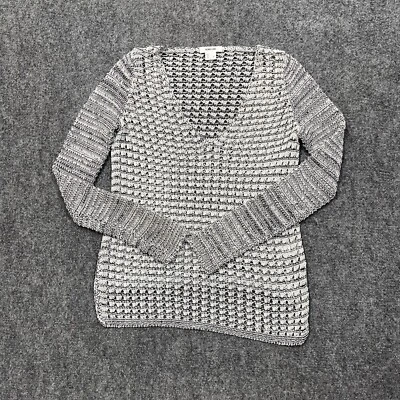 Helmut Lang Open Knit Sweater Women P White Black Gray Linen Blend Sheer Deep V - Image 1 of 4