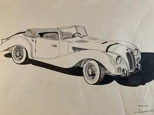 Beautiful Drawing Ink Paper Design Car BMW 1956 Automobile Sport to Identify - Picture 1 of 10