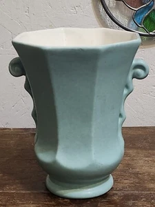 Vintage Redwing Vase Teal Exterior White Interior Side Handles Rumrill 7" - Picture 1 of 5