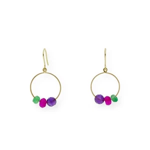 Pendientes de Aro en Oro con Amatistas, Esmeraldas y Rubíes Estilo Hippie Nuevos - Picture 1 of 8