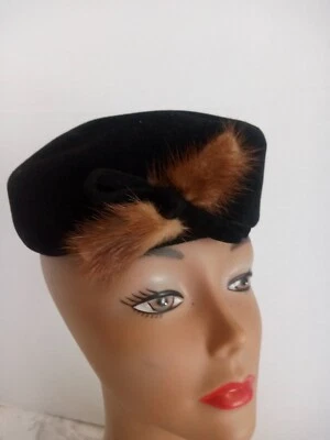 Vintage Original 1940s 50s Merrimac Black imported mink fur Beret Velour Pillbox - Image 1 of 4