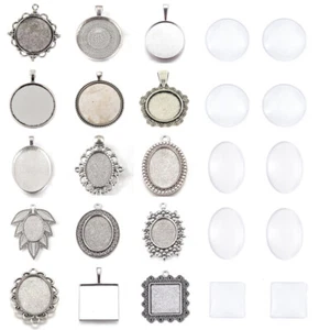 Alloy Bezel Pendant Trays Cabochon Settings Vintage with Glass Dome Tiles - Picture 1 of 52