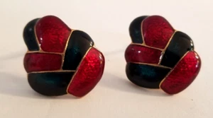 Vintage Clip on Earrings Red and Blue Enamel Gold Tone Metal - Picture 1 of 11