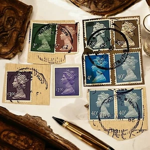 Ten UK Stamps with QEII 5, 3, 1 Pound, 40, 5, 4, 2 Pence Lot Used! - Picture 1 of 6