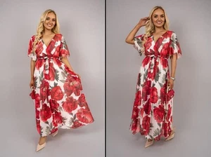 iKrush V Neck Short Sleeve Maxi Dress With Tie Waist Beach Summer Day Dresses - Picture 1 of 5