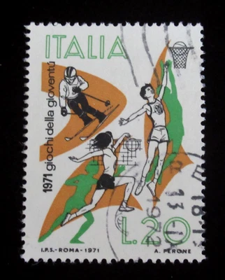 Italy Stamps Scott 1044 Skiing Basketball Volleyball 20 Lira 1971 Used - Image 1 of 2