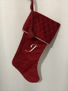 Initial Letter T Monogram Christmas Stocking Dark Red Velvet Silver Trim Tassel - Picture 1 of 15