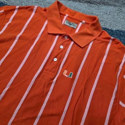 Miami Hurricanes Polo Shirt Golf Vintage Striped Orange Mens Sz L Embroidered - Image 1 of 4