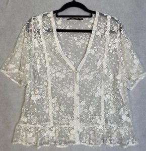 Sportsgirl Women’s Size Large Lace Short Sleeve Blouse Off White See Through - Picture 1 of 9