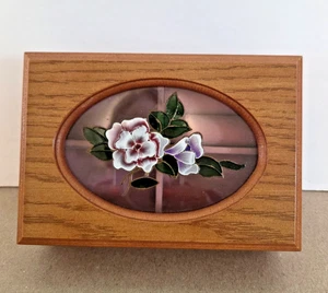 Wooden Oak Colored Jewelry Chest Box 6 x 4.5 Dusty Rose Velvet Flower Top - Picture 1 of 3
