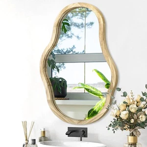 Asymmetrical Wooden Framed Wall Mirror Modern Unique Shape Hanging Mirror Artist - Picture 1 of 7