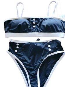 AQUA Bikini Top & High-Waist Bikini Bottom S Black & White New - Picture 1 of 11