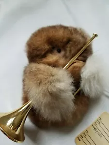 MINIATURE Plush Fury Brown BEAR 4" WITH Trumpet 5" Fur feels Like a fur Coat - Picture 1 of 5