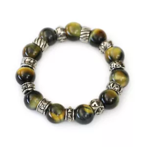 925 Sterling Silver Accessory 14mm Round Beads Tiger Eye Gemstone Bracelet TA478 - Picture 1 of 19